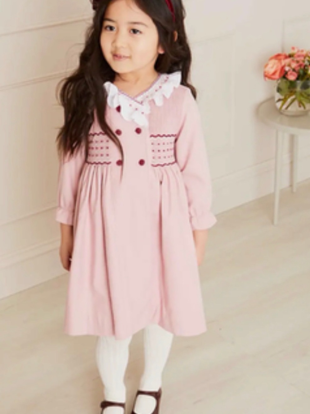 Pepa London Hand Smocked Double Breasted Long Sleeve Dress in Pink